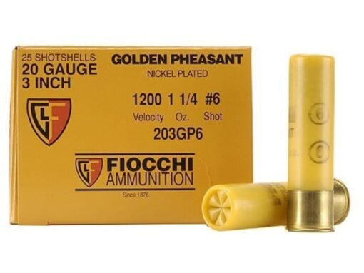 FIOCCHI GOLDEN PHEASANT AMMUNITION 20 GAUGE 3″ 1-1/4 OZ #6 NICKEL PLATED SHOT 500 ROUNDS