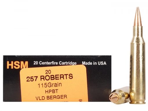 HSM TROPHY GOLD AMMUNITION 257 ROBERTS +P 115 GRAIN BERGER HUNTING VLD HOLLOW POINT BOAT TAIL
