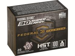 Federal Premium Personal Defense HST Ammunition has been specially designed to deliver consistent, tremendous expansion, optimum penetration and superior terminal performance. The specially designed hollow point will not plug while passing through a variety of barriers and the jacket and core hold together providing nearly 100% weight retention! This ammunition was engineered to meet or exceed ammunition testing protocols; these protocols put bullets through 10% ordinance gelatin, steel, wallboard, plywood, laminated automobile safety glass and gelatin covered in heavy clothing and measure how well the bullets penetrate, expand and hold together. FBI heavy clothing protocol testing has shown that on average the 30 Super Carry load will deliver 15.5″ of penetration with 0.53″ of expansion. One of the great things about this ammunition are high quality features that make this ammunition perfect choice for self-defense ammunition. Each round of ammunition is loaded into a Federal Premium nickel plated brass case with waterproofing on the case mouth and primer. Every load has a consistent powder charge and reliable primer for consistent ignition. Every HST bullet features a tapered jacket profile for reliable feeding, a cannelure that locks the copper jacket to the lead core, patented co-aligned internal and external skiving and a deep tapered hollow point that will not clog. Federal Premium logo Made In United States of America warning-iconWARNING: This product can expose you to Lead, which is known to the State of California to cause cancer and birth defects or other reproductive harm. For more information go to – www.P65Warnings.ca.gov. PRODUCT INFORMATION Cartridge 30 Super Carry Grain Weight 100 Grains Quantity 500 Round Muzzle Velocity 1250 Feet Per Second Muzzle Energy 347 Foot Pounds Bullet Style Jacketed Hollow Point Bullet Brand And Model Federal HST Lead Free No Case Type Brass Primer Boxer Corrosive No Reloadable Yes Country of Origin United States of America