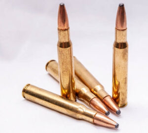 Five brass hunting bullets on a white background